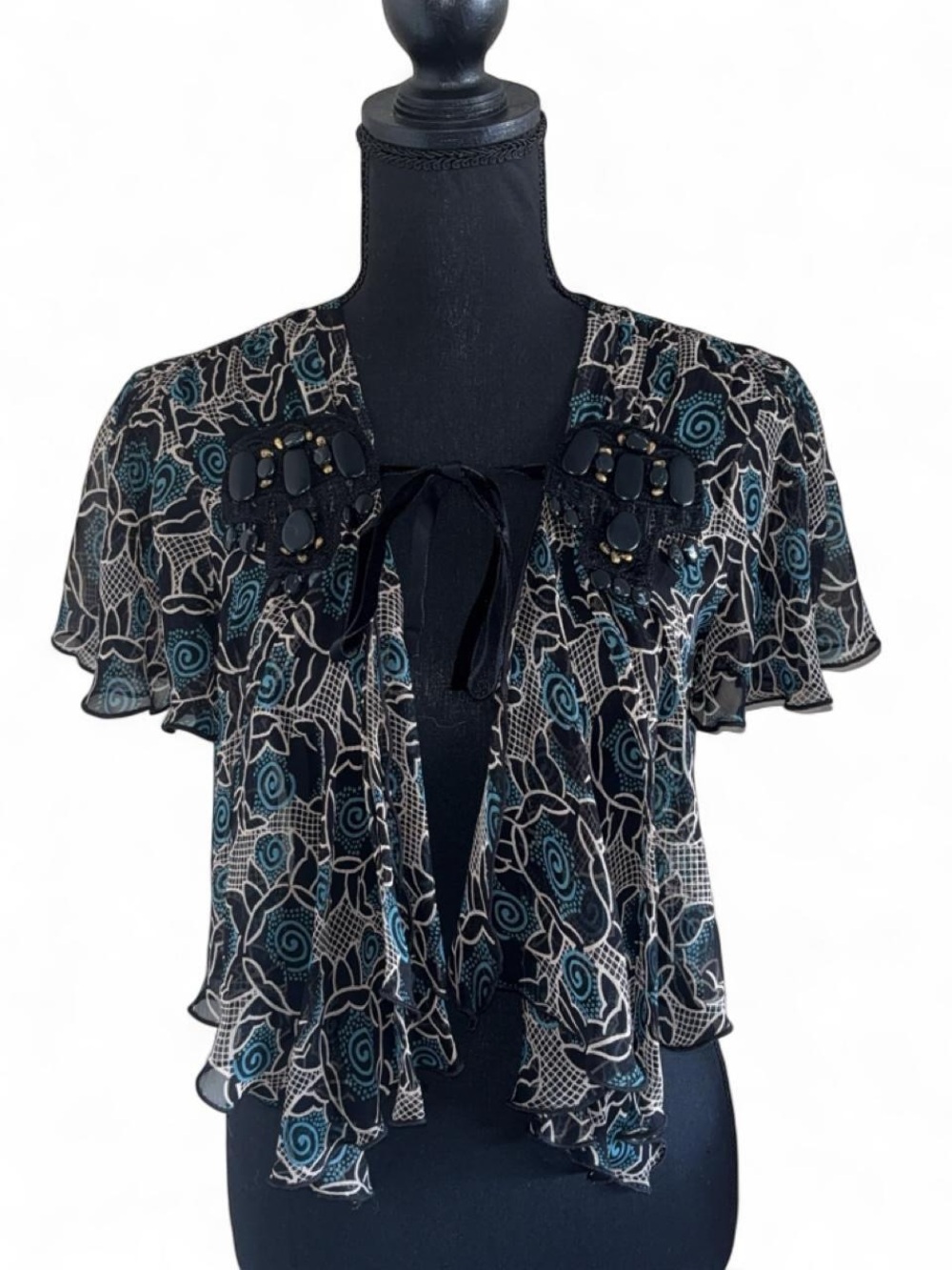Anna Sui Black Teal Floral Sheer Tie-Front Camisole